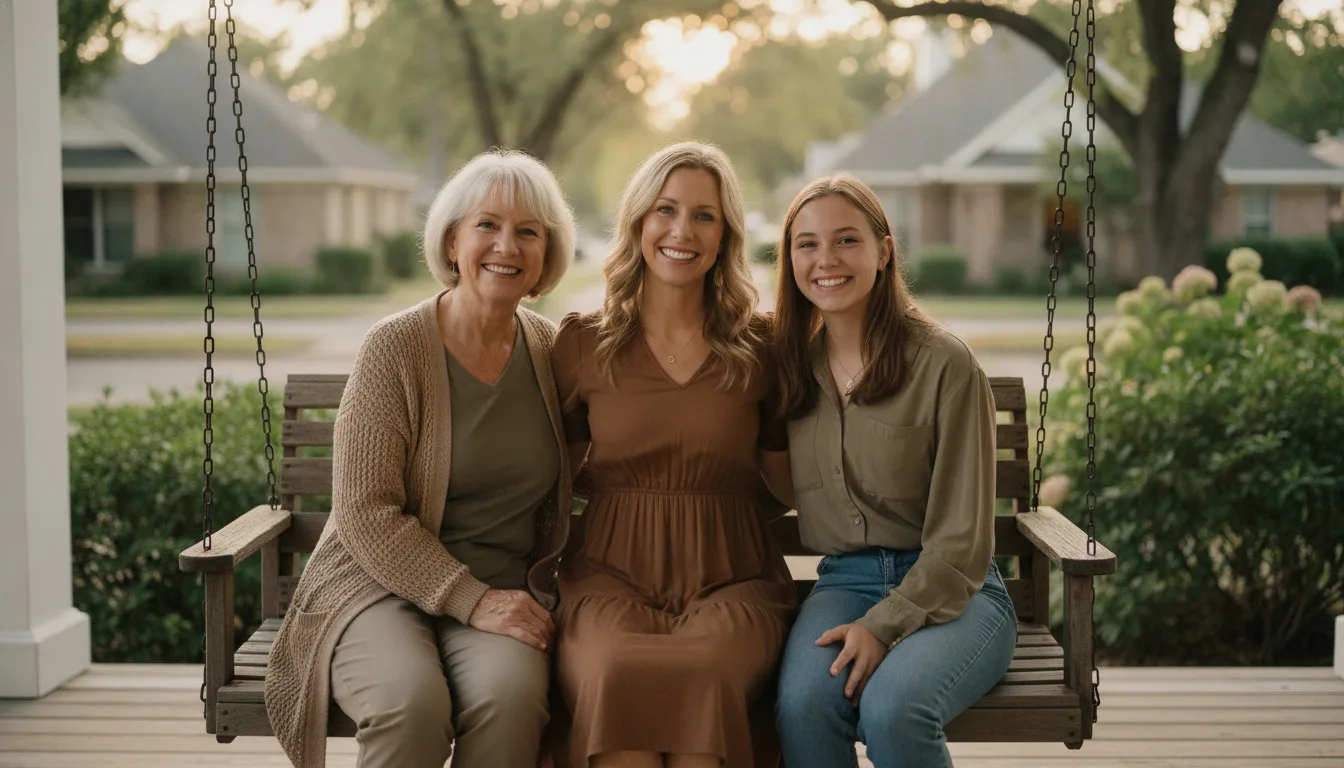 Three generations of a Kingwood family relaxing together on a porch swing