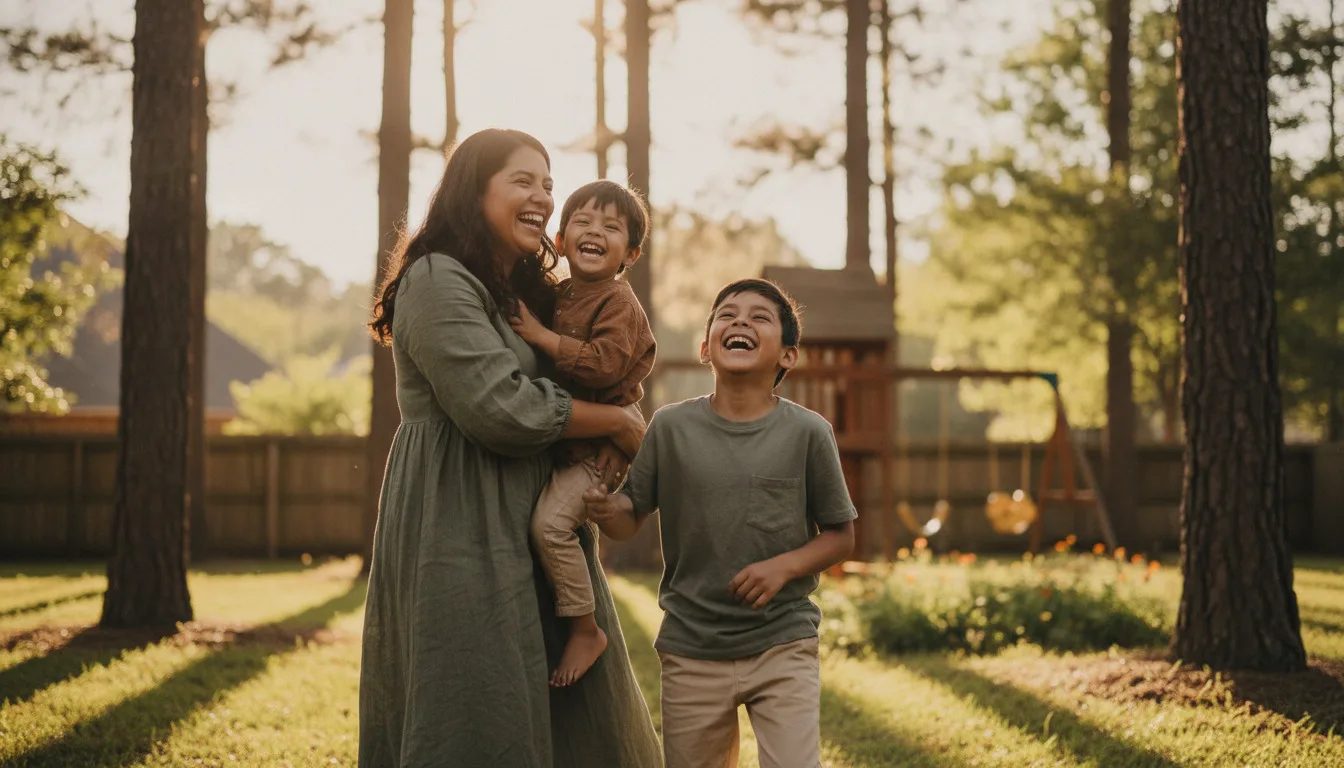 A mother laughing with her two children in a tree-shaded Kingwood backyard