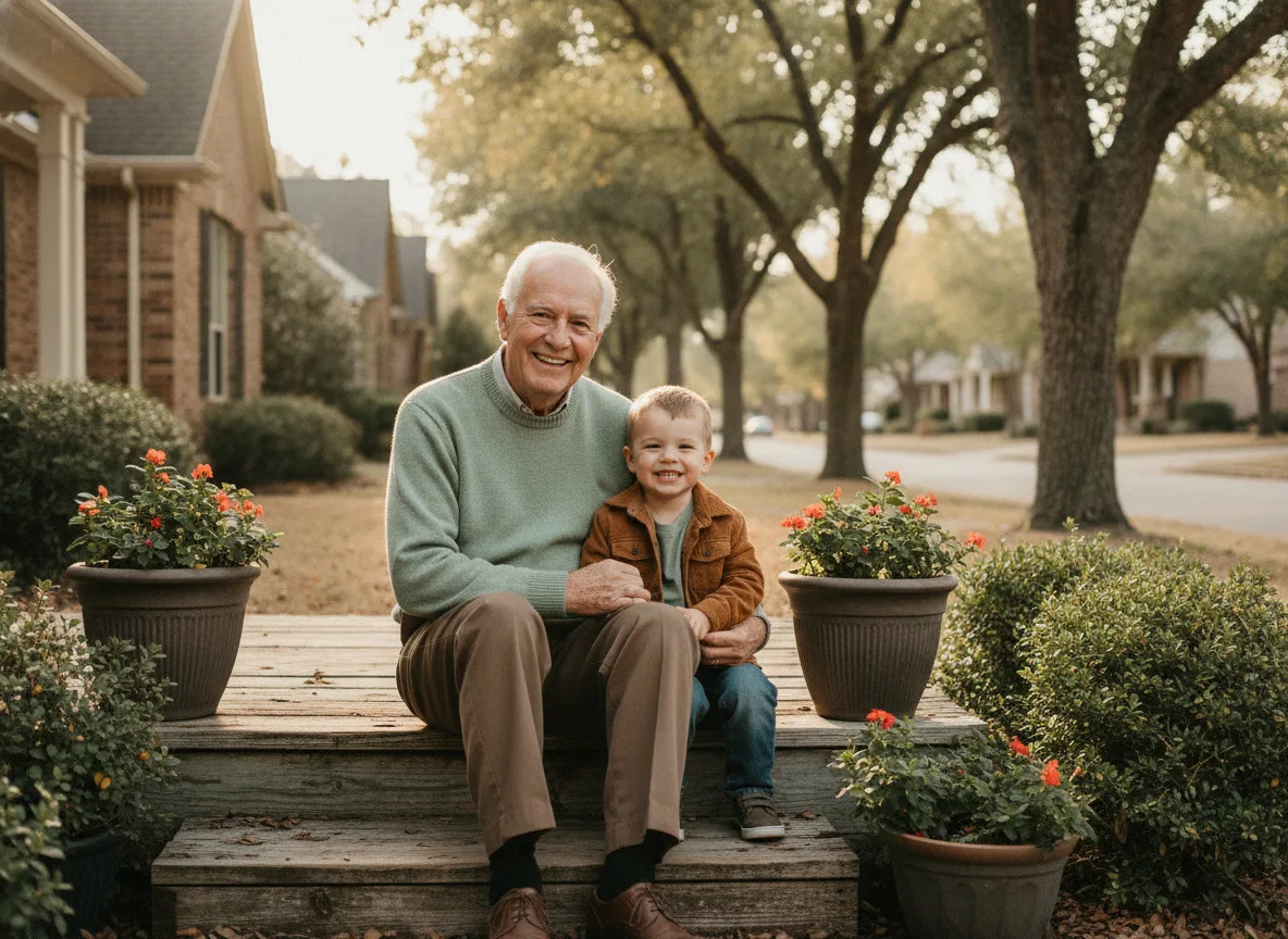 A grandfather and grandson smiling together in a Kingwood neighborhood